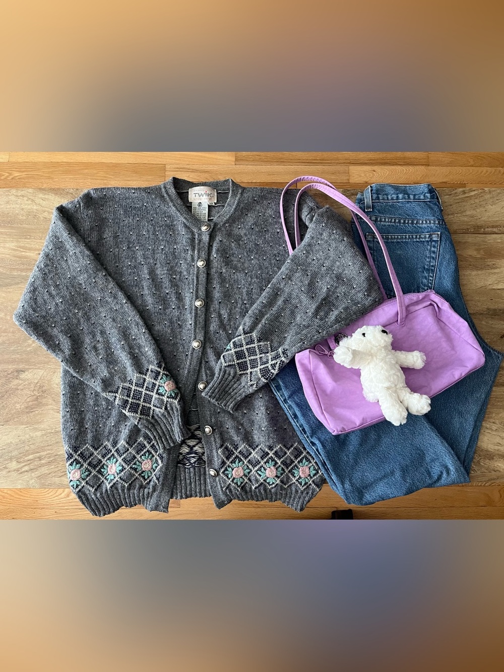 twik Gray Knit Cardigan with Pink Floral Embroidery